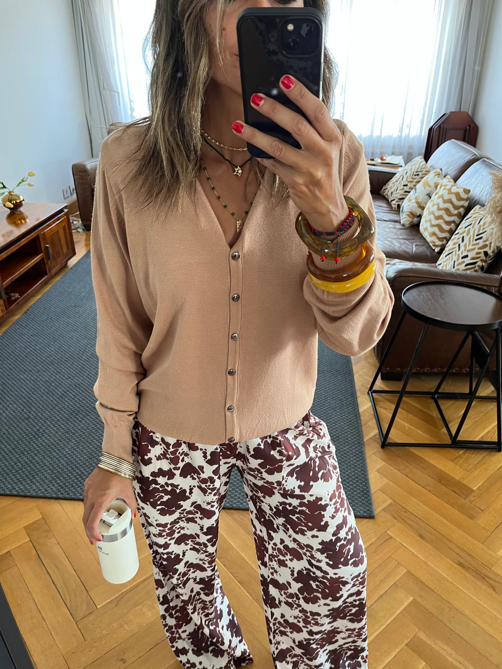 Beige Signature Button Knit Cardigan