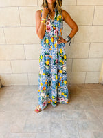 Blue Lemon Print Tiered Dress