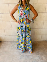 Blue Lemon Print Tiered Dress