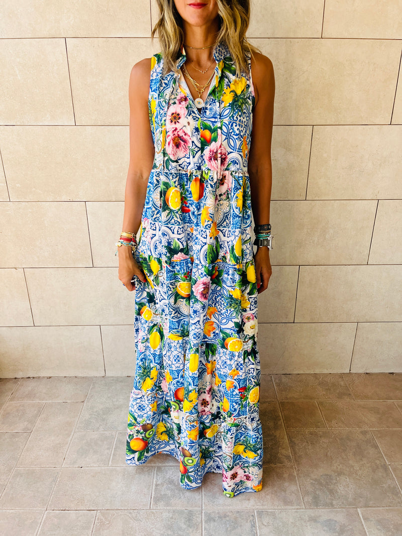 Blue Lemon Print Tiered Dress