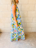 Blue Lemon Print Tiered Dress