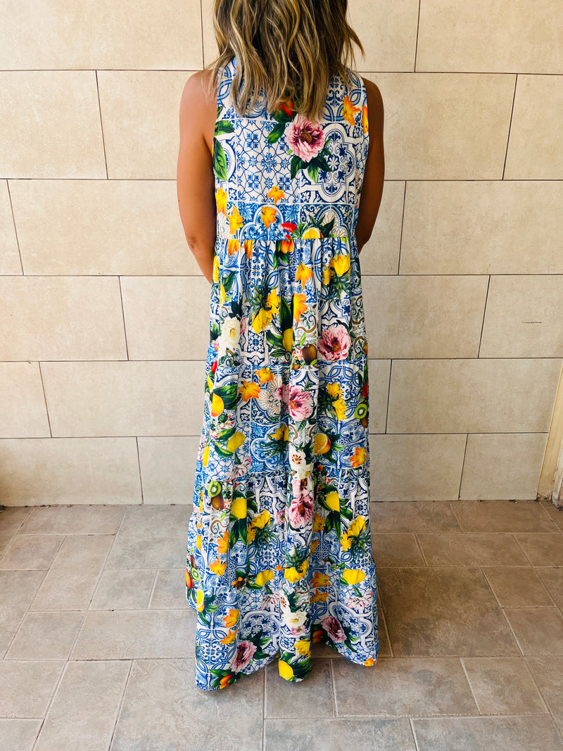 Blue Lemon Print Tiered Dress