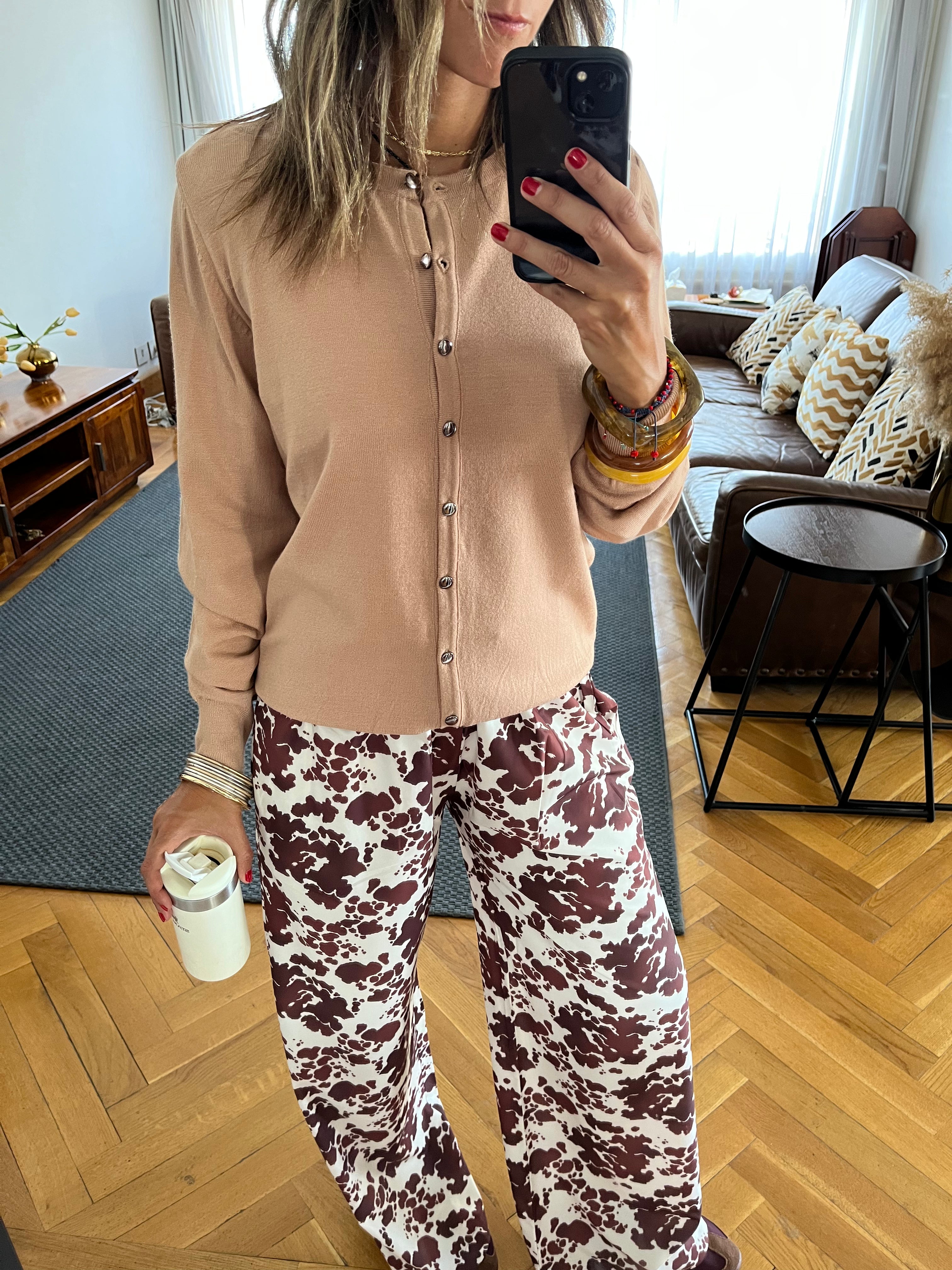 Beige Signature Button Knit Cardigan