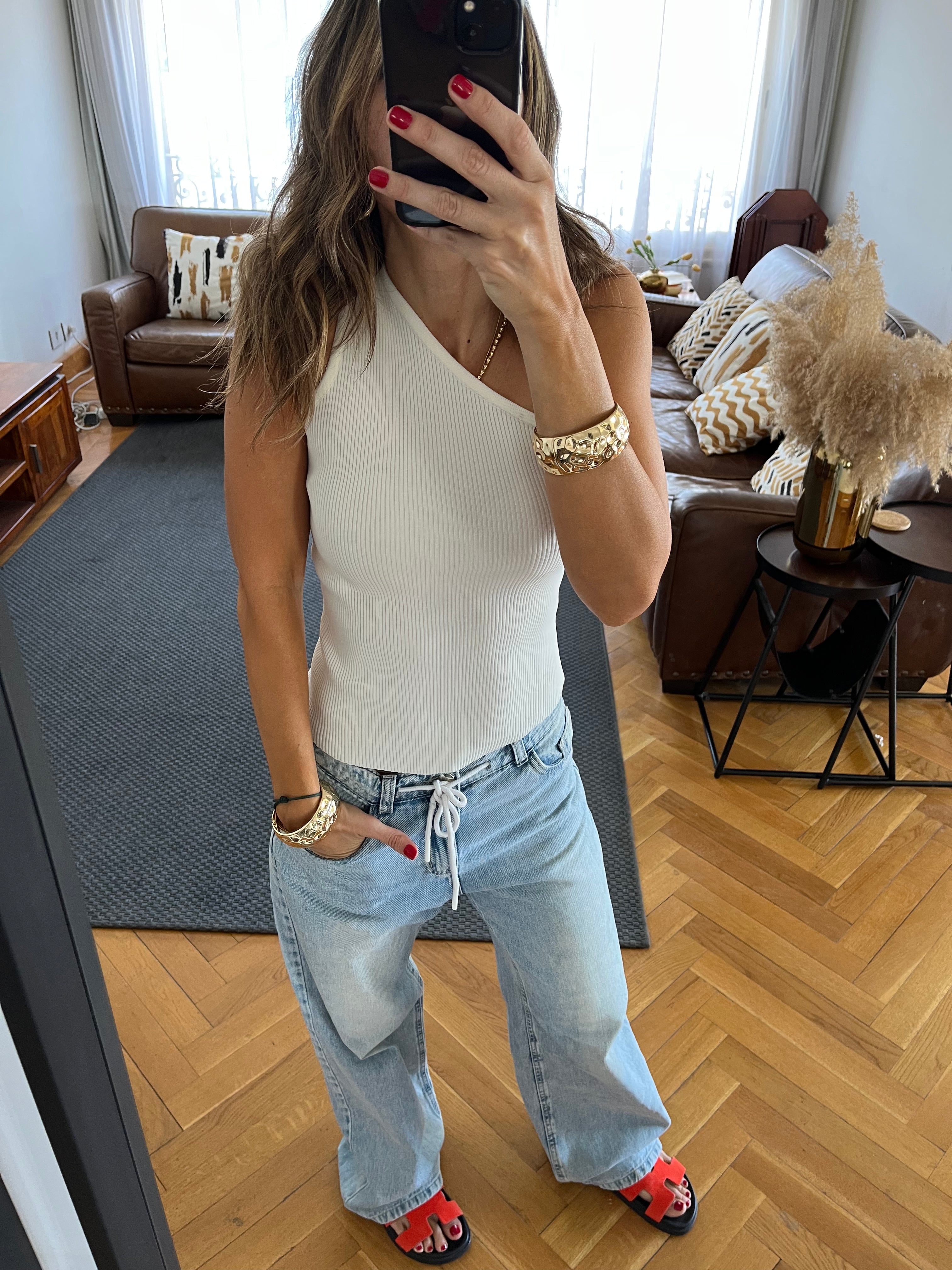 White 101 Interknit One Shoulder Top