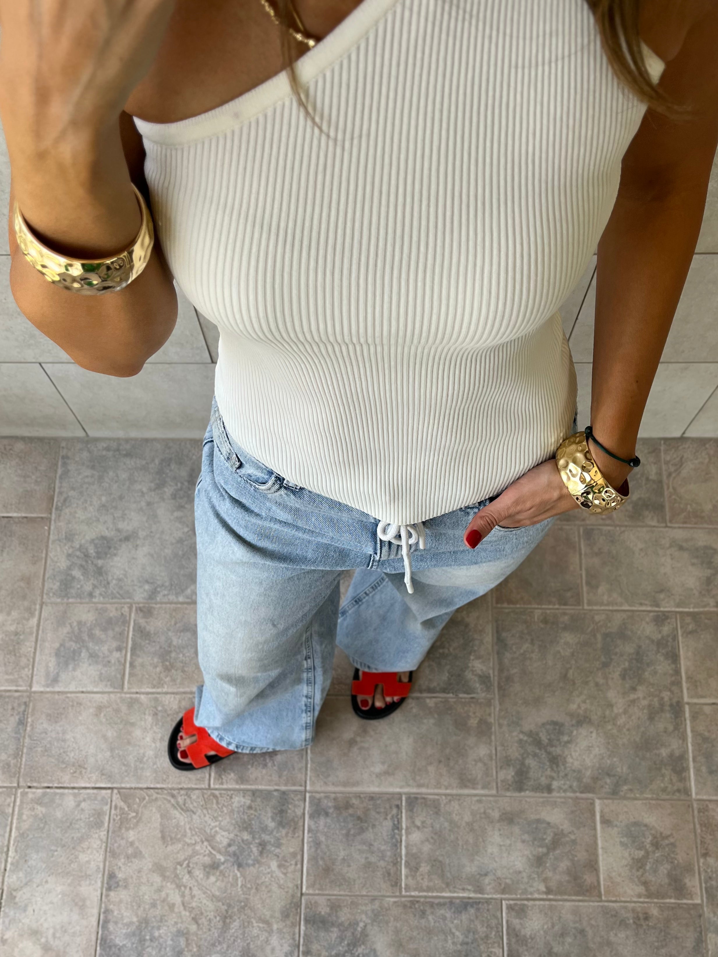 White 101 Interknit One Shoulder Top