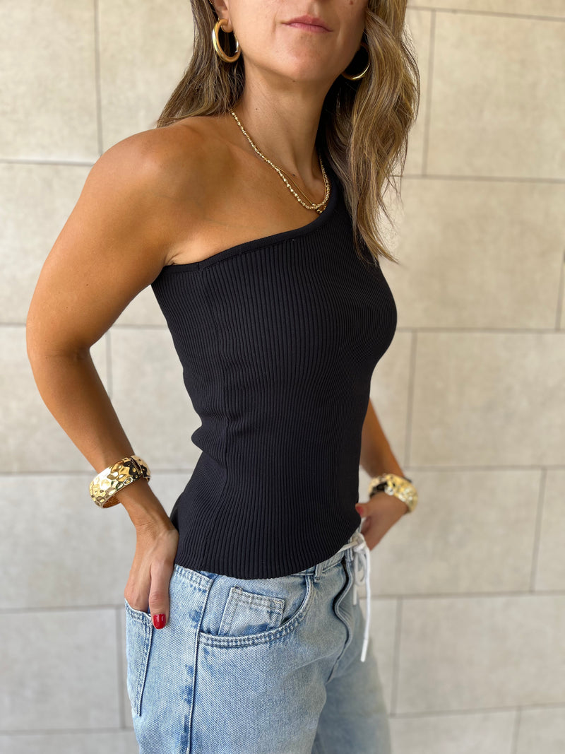 Black 101 Interknit One Shoulder Top