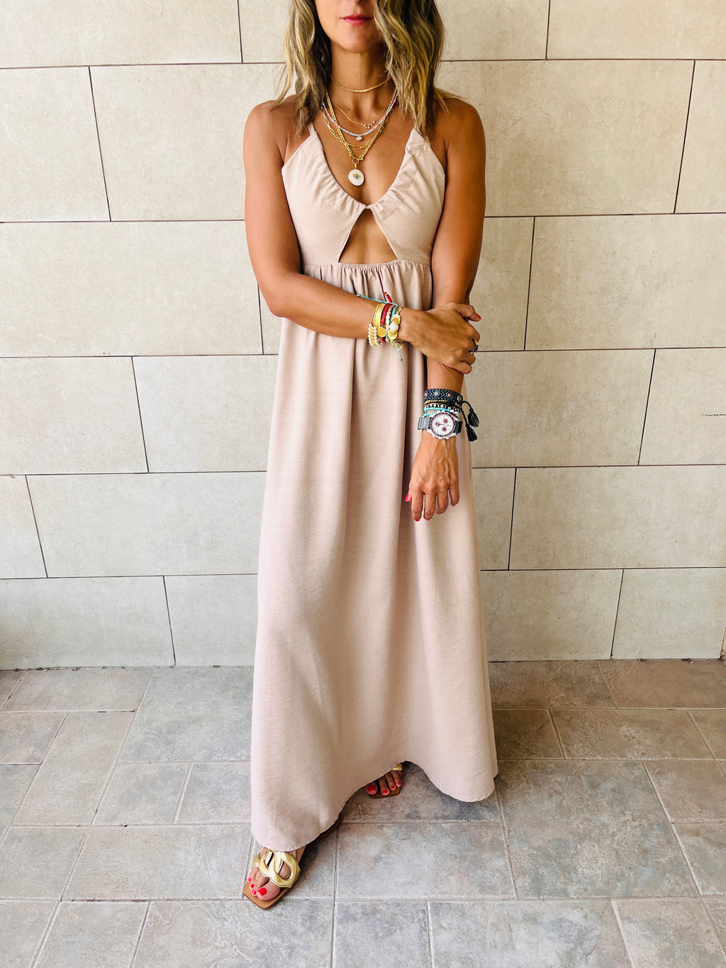 Taupe Cut Out Back Tie Dress