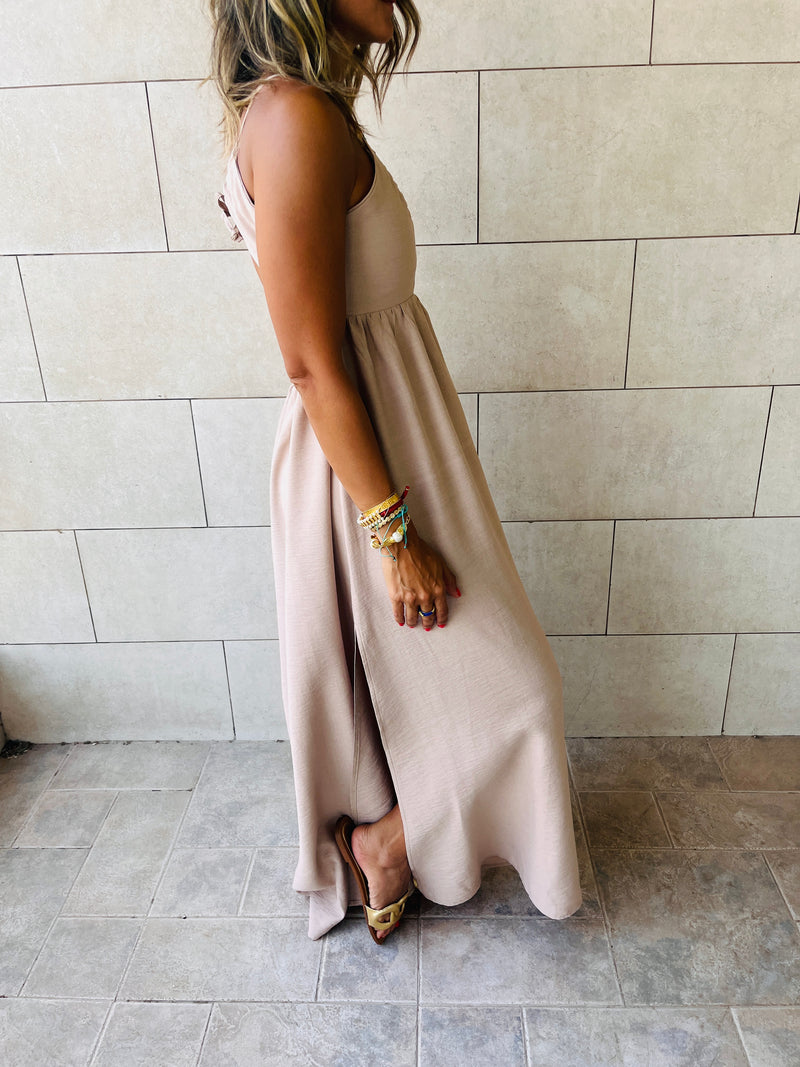 Taupe Cut Out Back Tie Dress