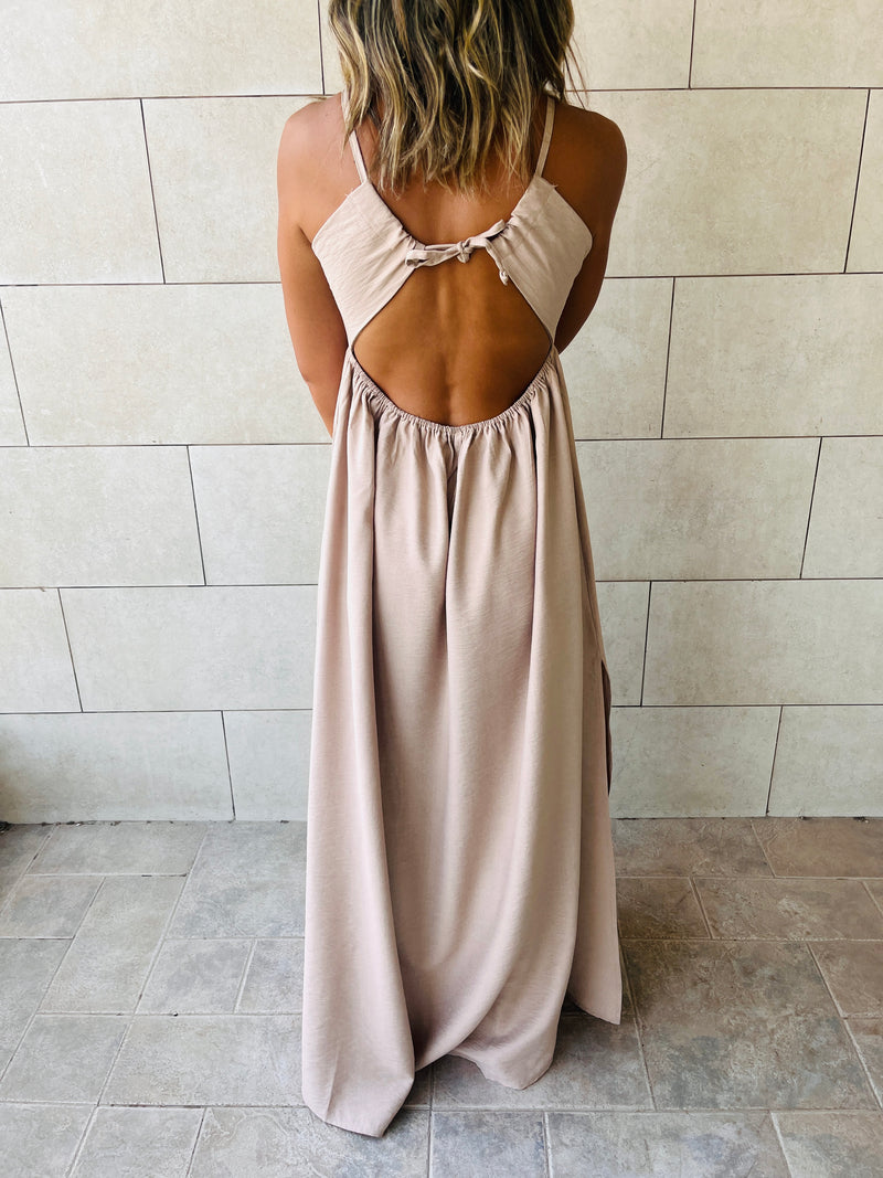 Taupe Cut Out Back Tie Dress