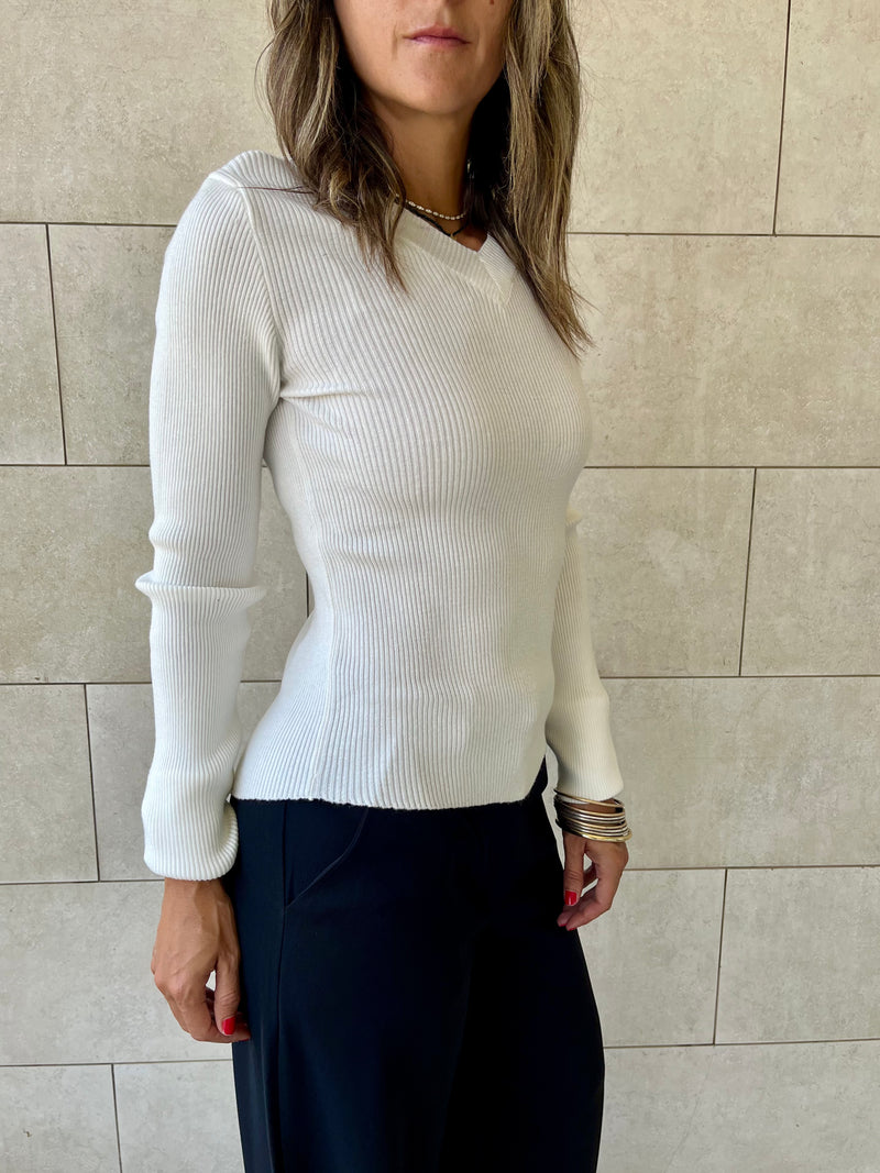 White V-Neck Contour Elevated Pullover