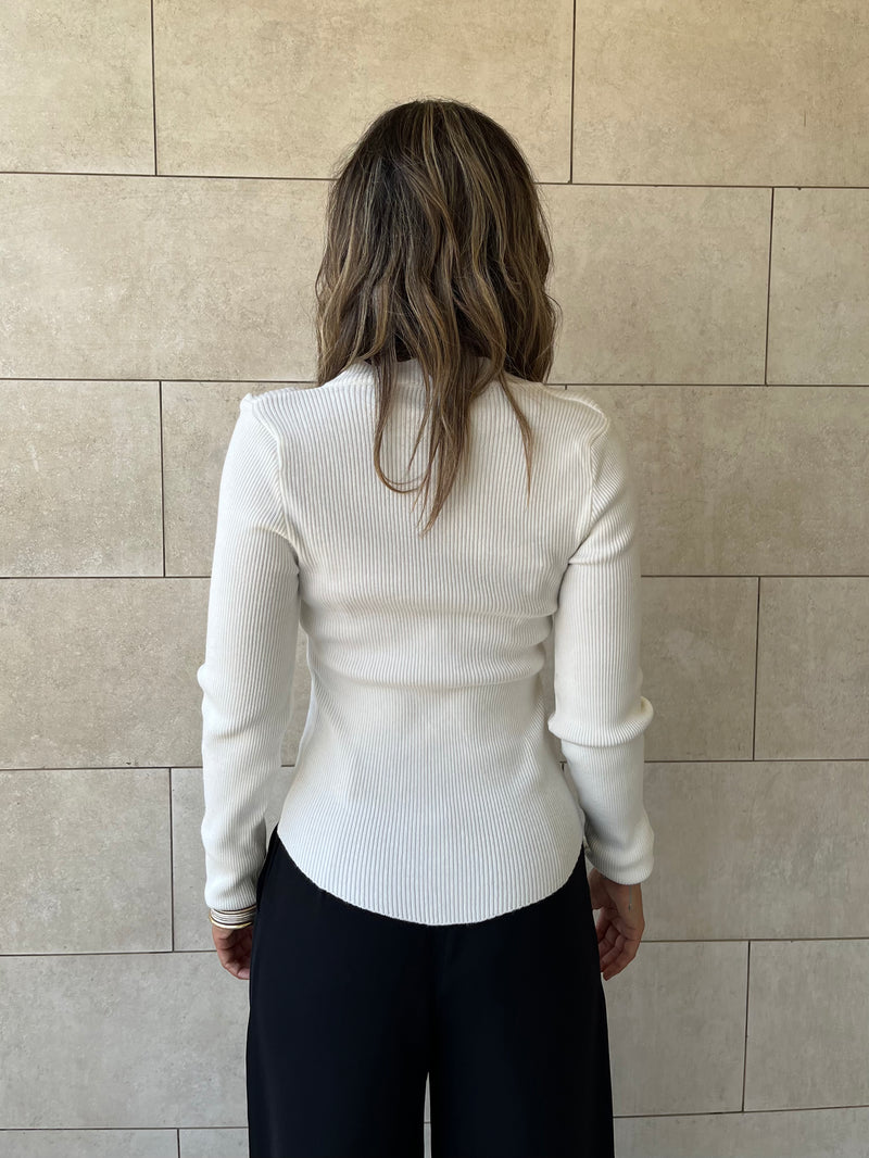 White V-Neck Contour Elevated Pullover