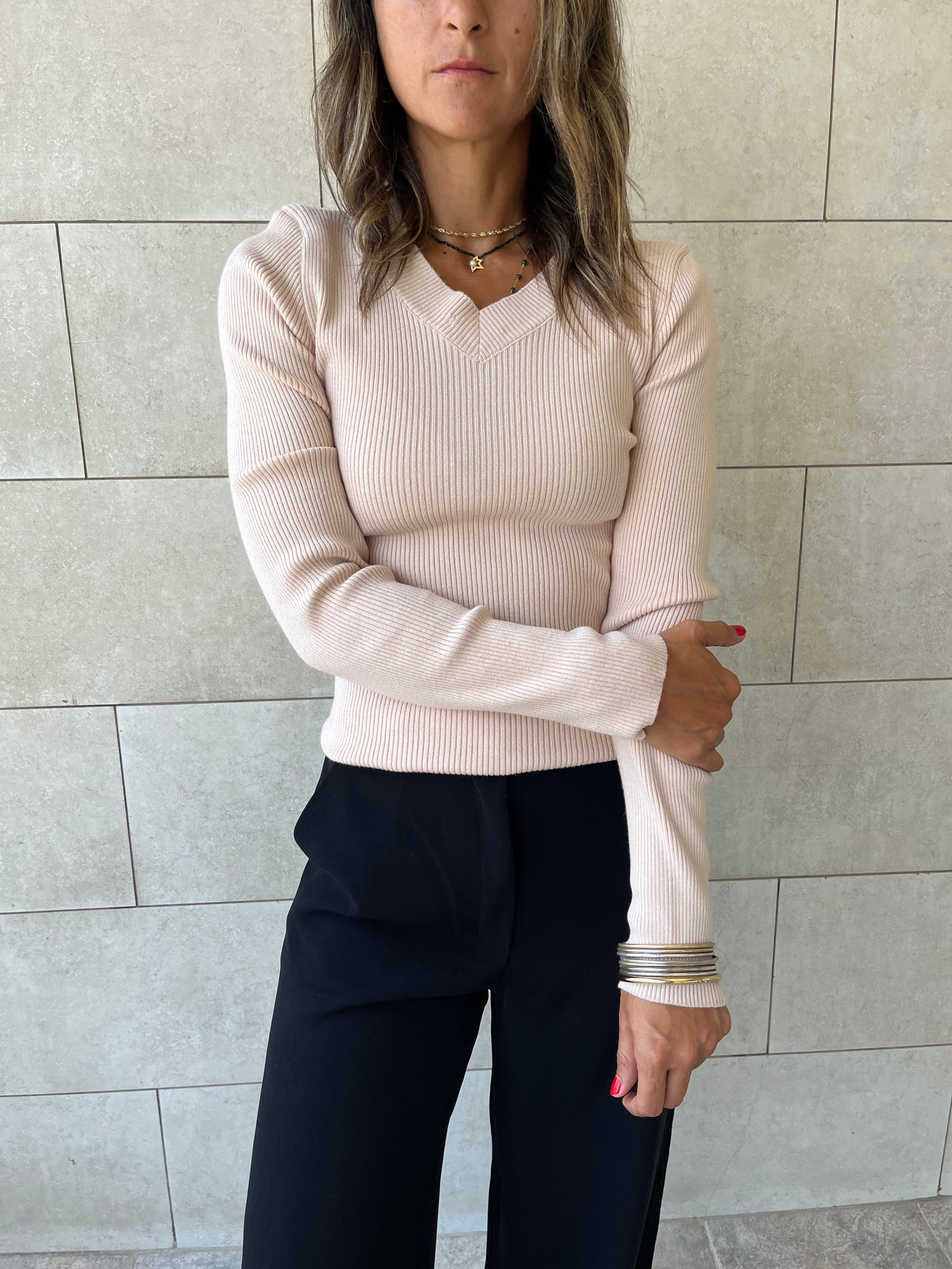 Beige V-Neck Contour Elevated Pullover