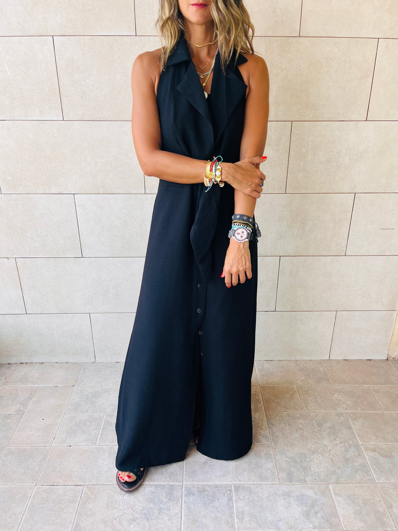 Black Tailored Girl Backless Linen Dress