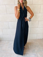 Black Tailored Girl Backless Linen Dress