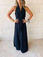 Black Tailored Girl Backless Linen Dress