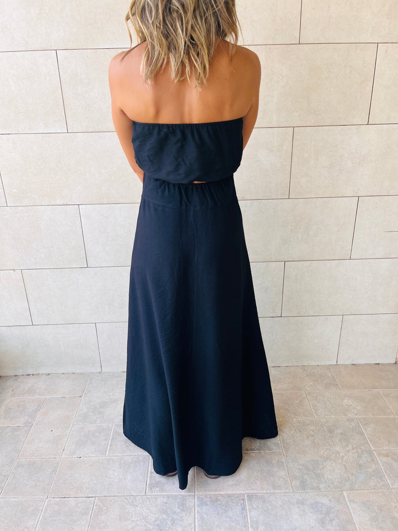 Black Tailored Girl Backless Linen Dress