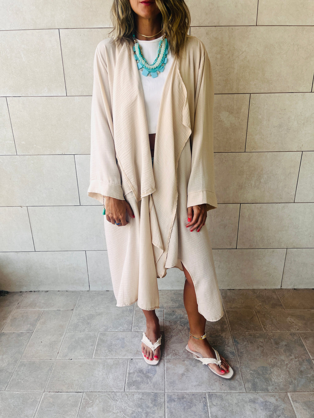 Beige Wear and Tear Linen Duster
