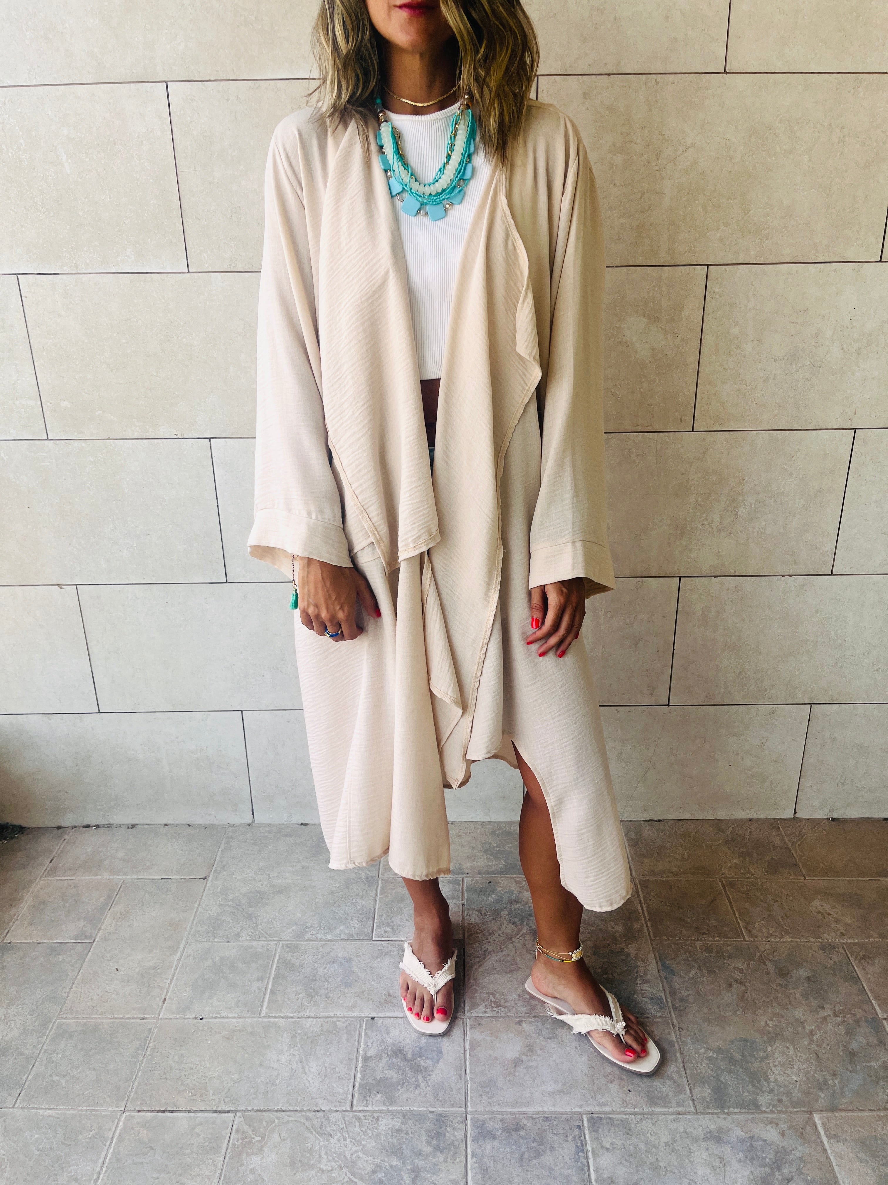 Beige Wear and Tear Linen Duster