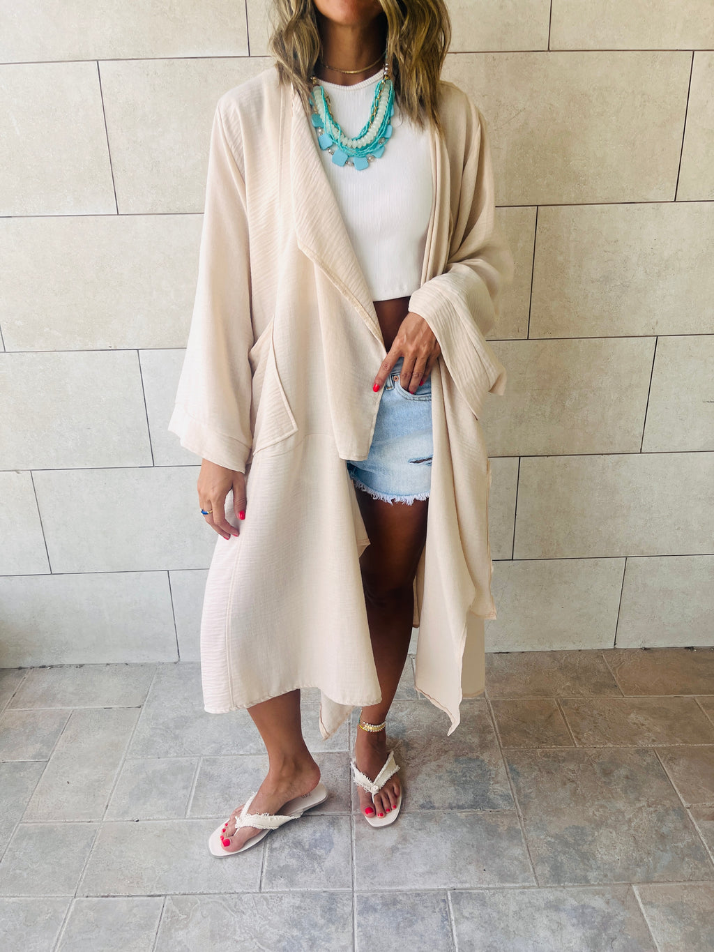 Beige Wear and Tear Linen Duster
