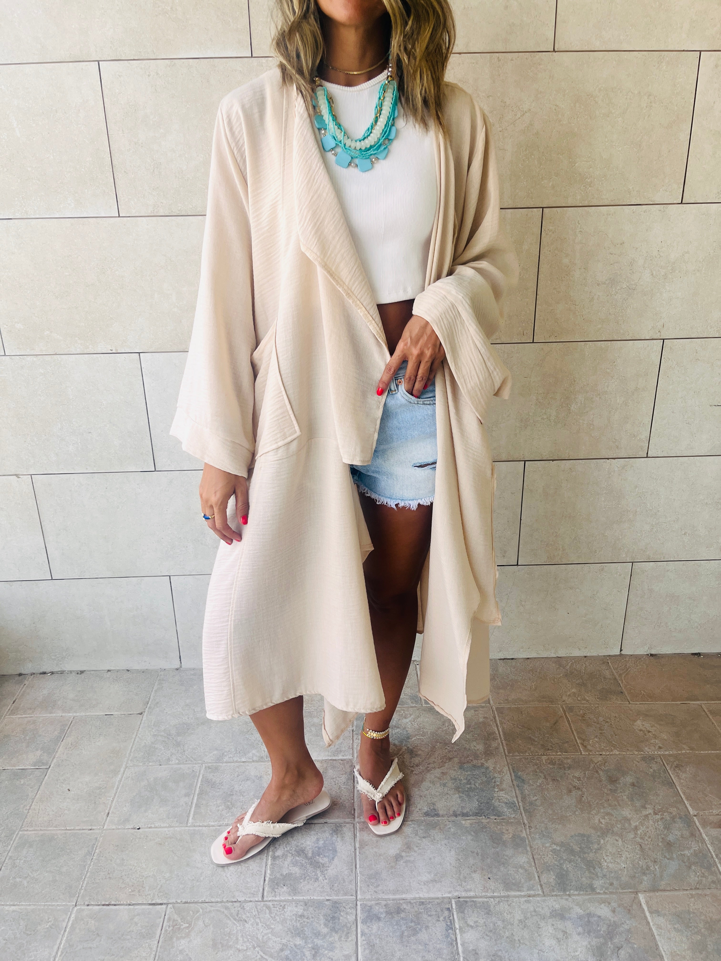 Beige Wear and Tear Linen Duster