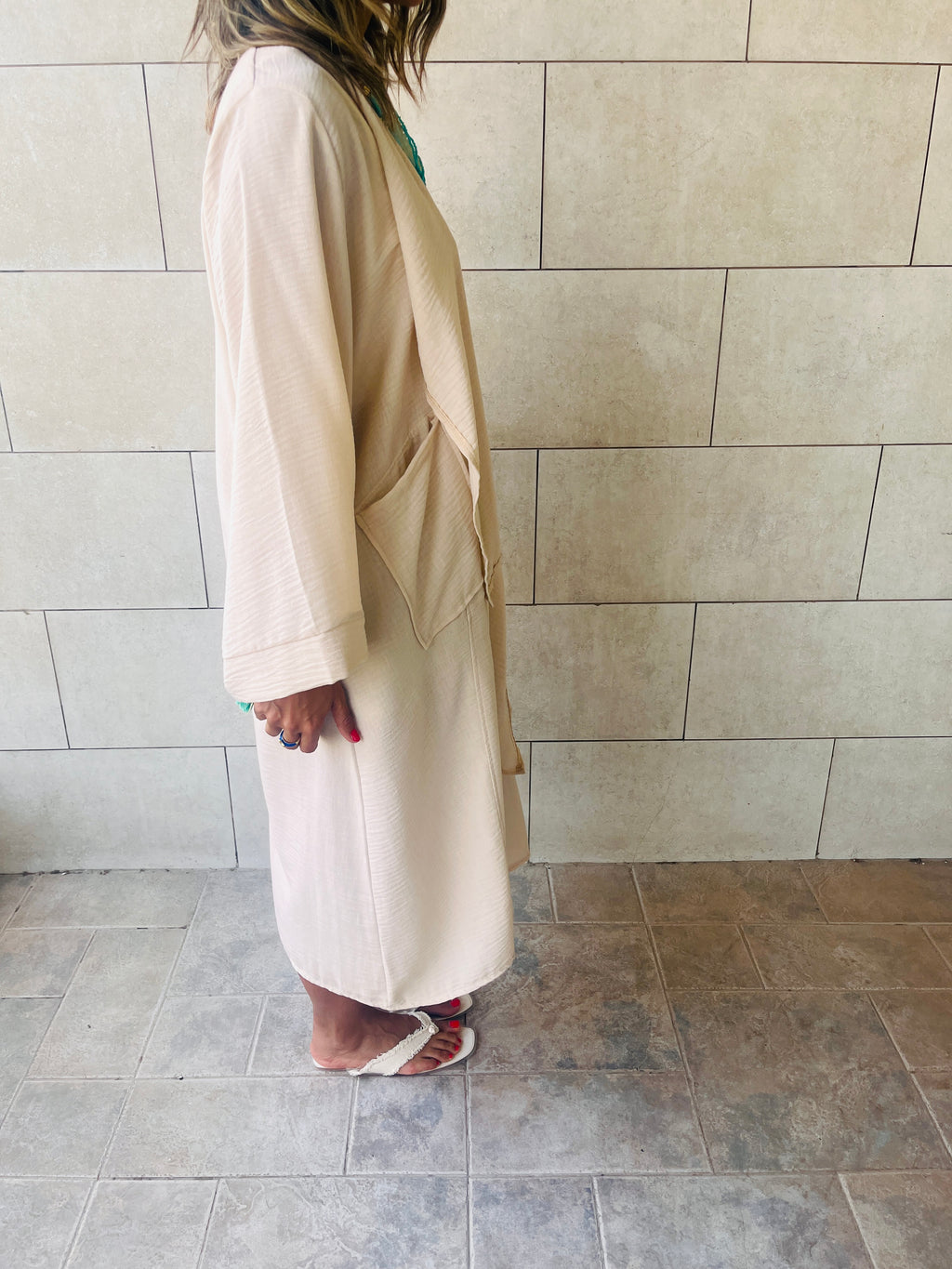Beige Wear and Tear Linen Duster
