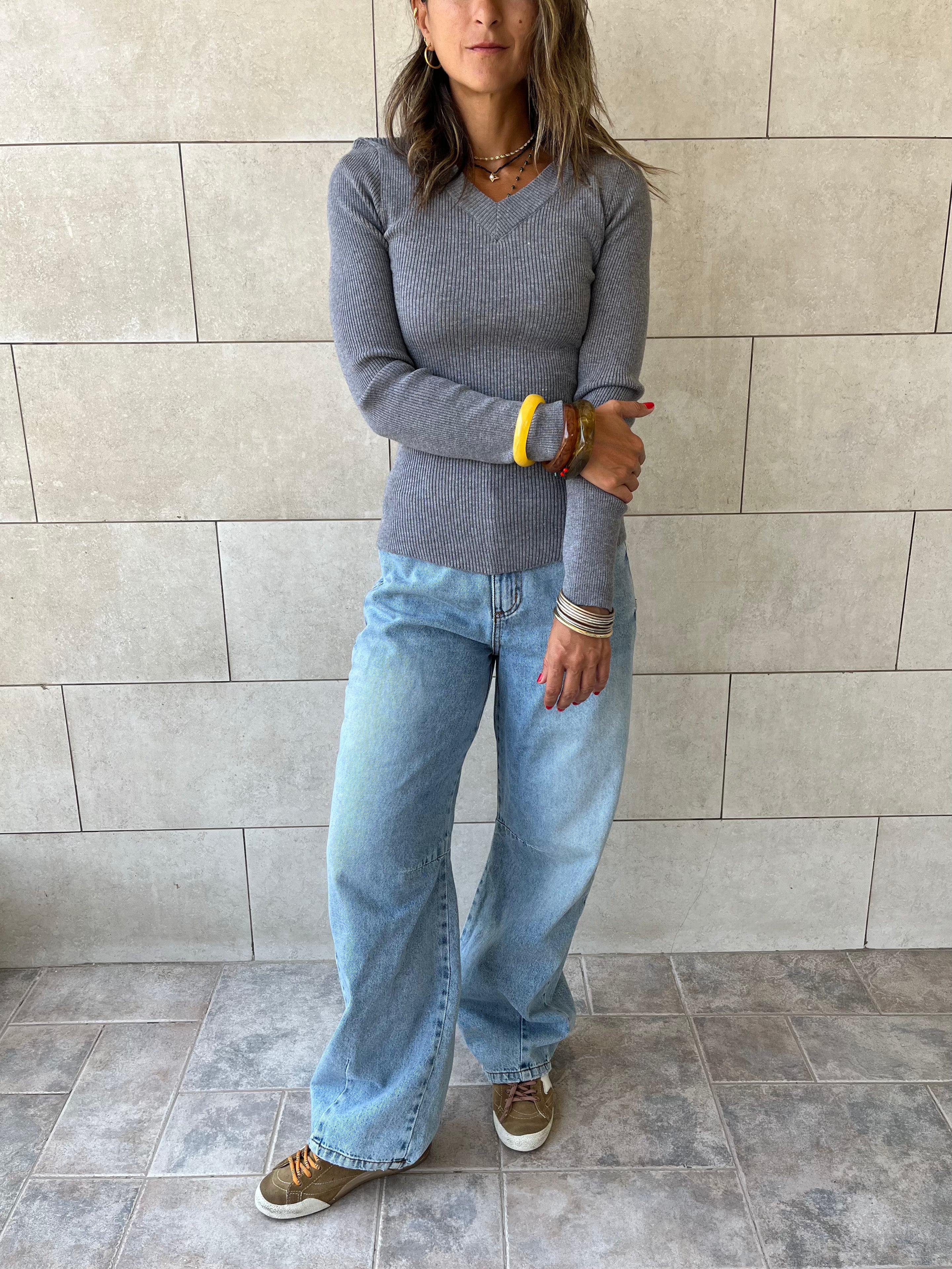 Grey V-Neck Contour Elevated Pullover