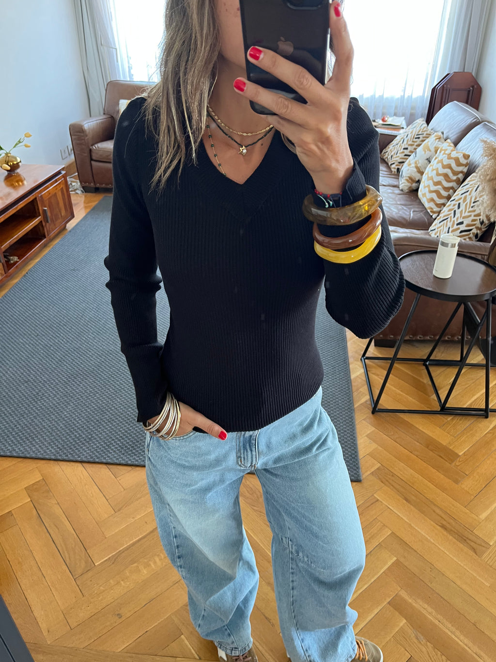 Black V-Neck Contour Elevated Pullover