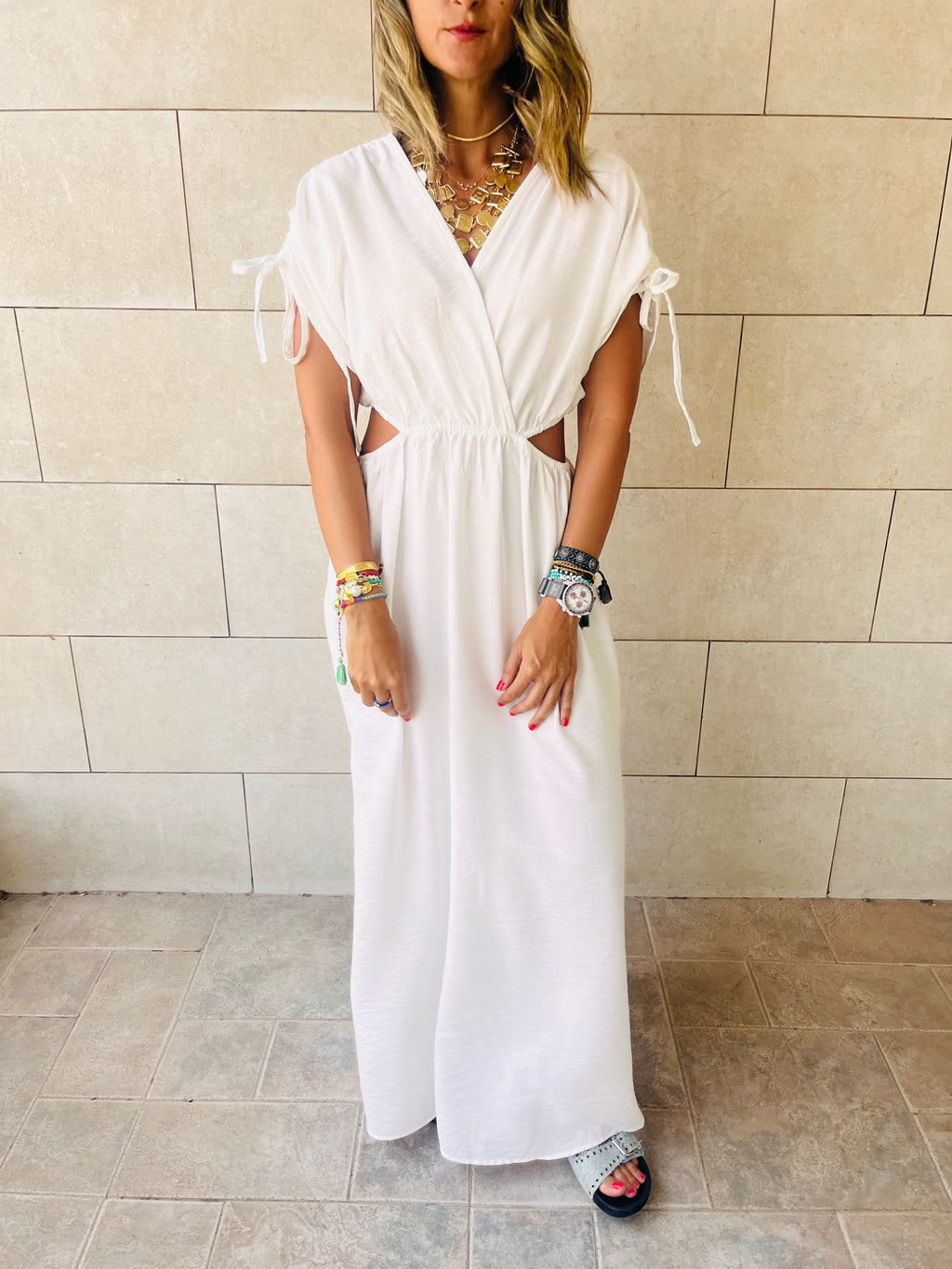 White Cut Through Linen Dress