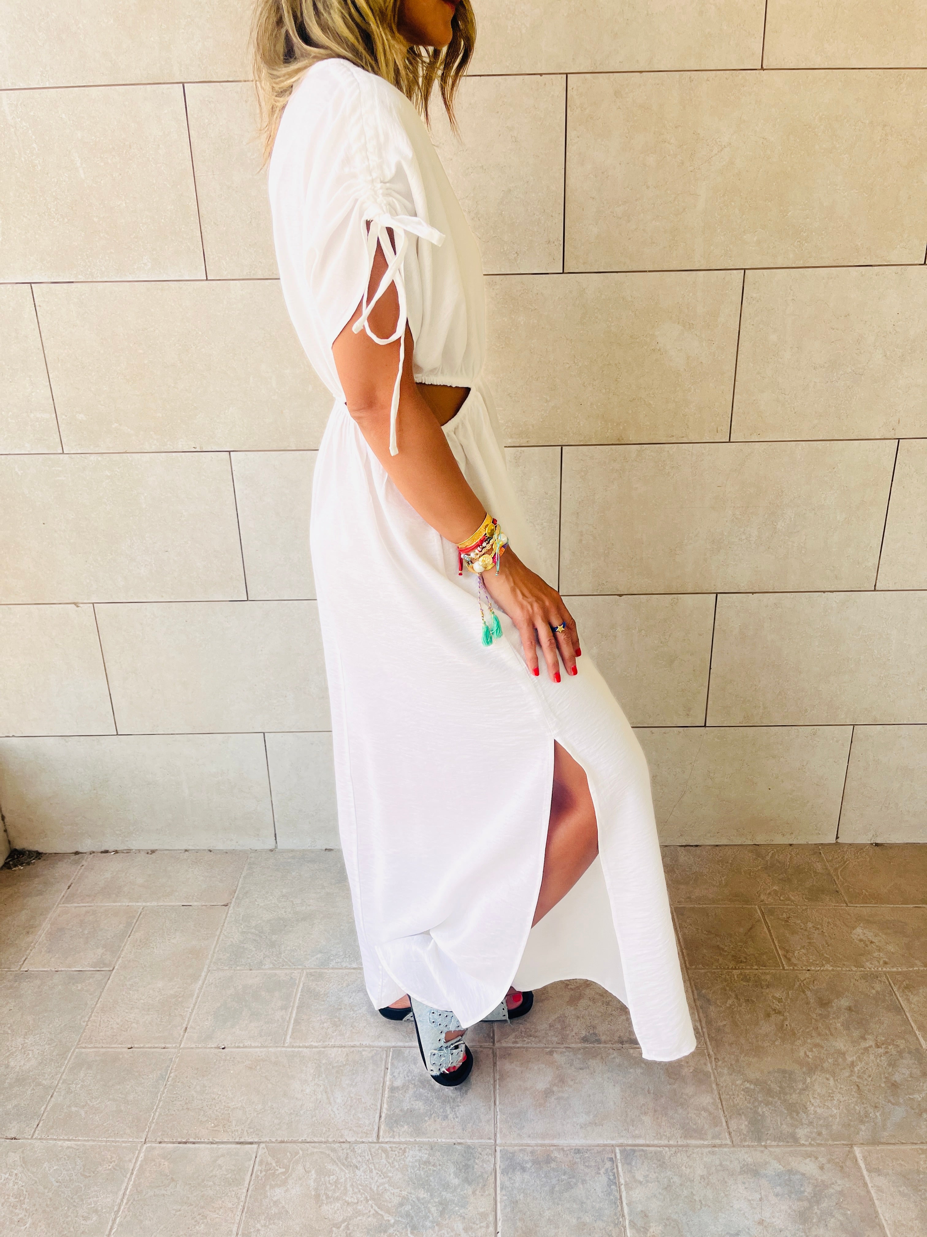 White Cut Through Linen Dress