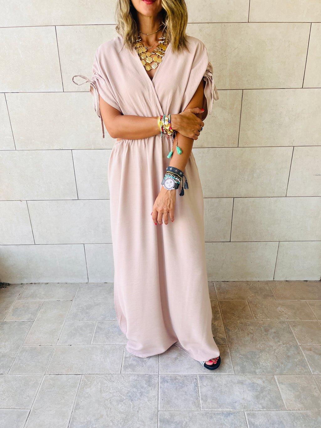 Beige Cut Through Linen Dress