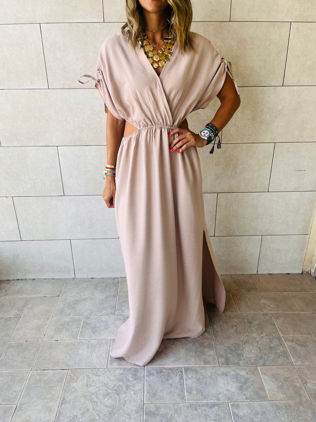 Beige Cut Through Linen Dress