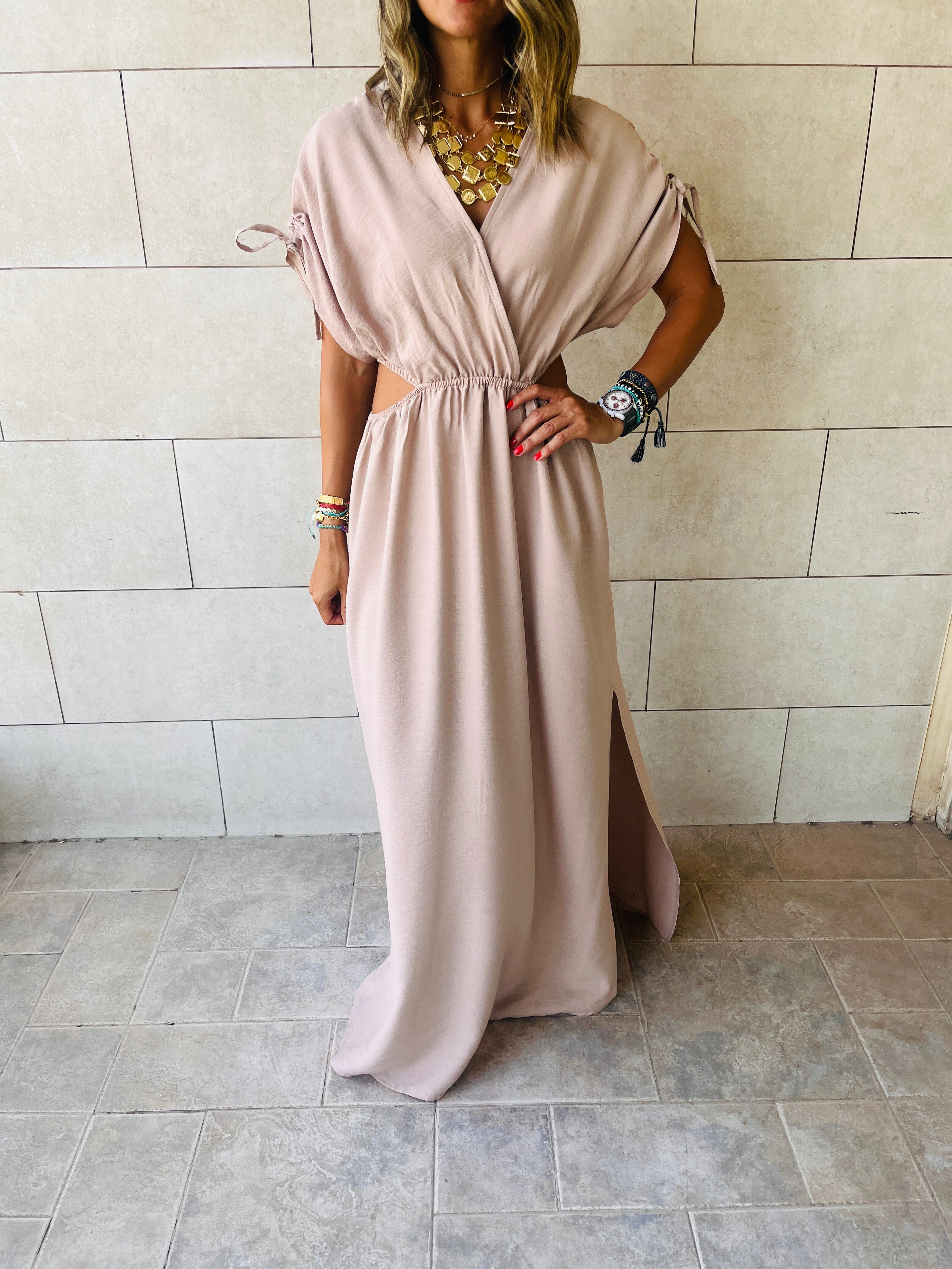 Beige Cut Through Linen Dress