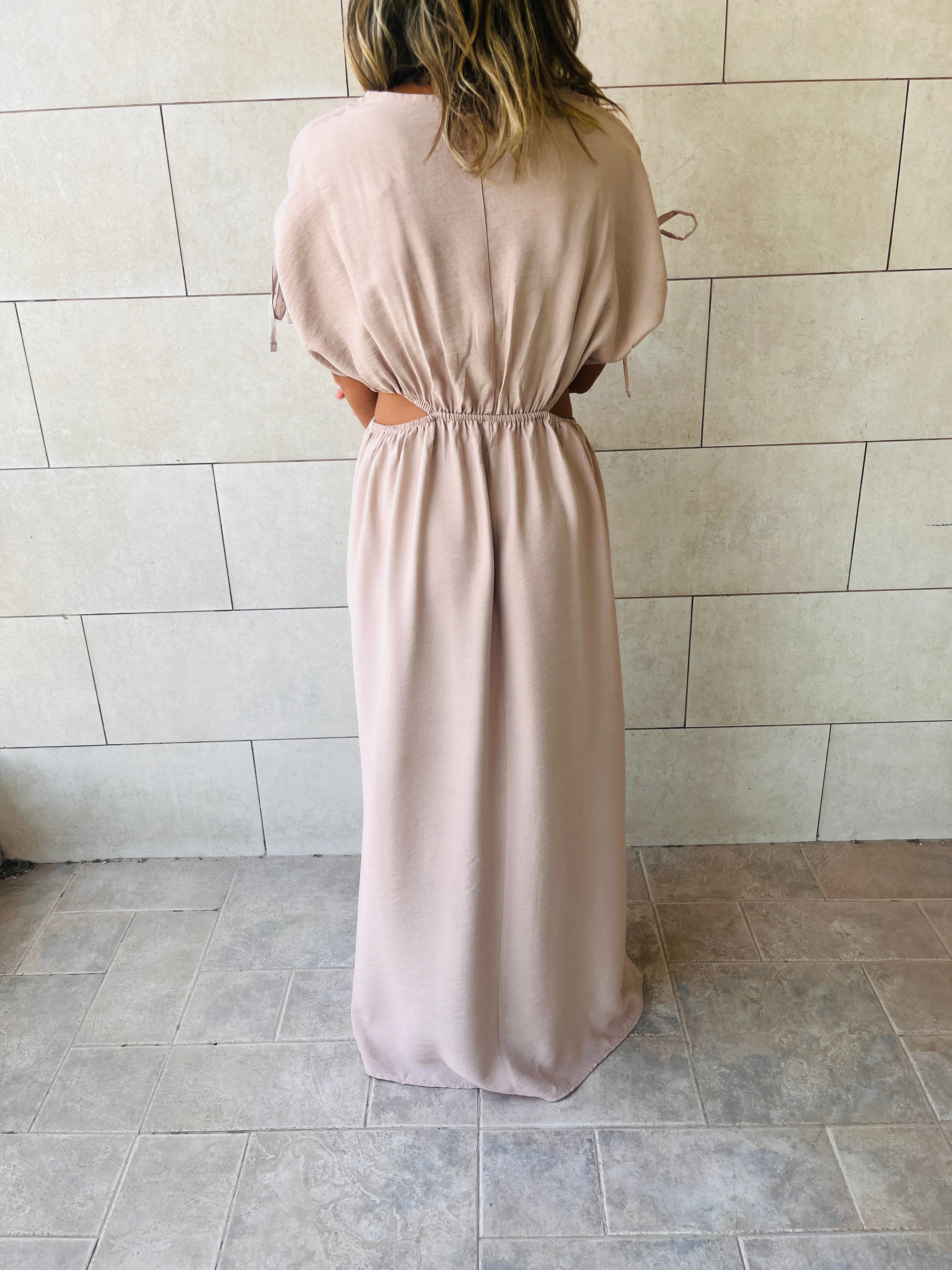 Beige Cut Through Linen Dress