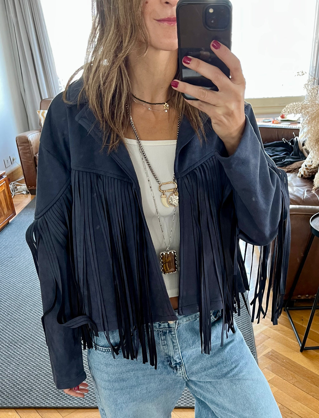 Navy Fringe Suede Jacket