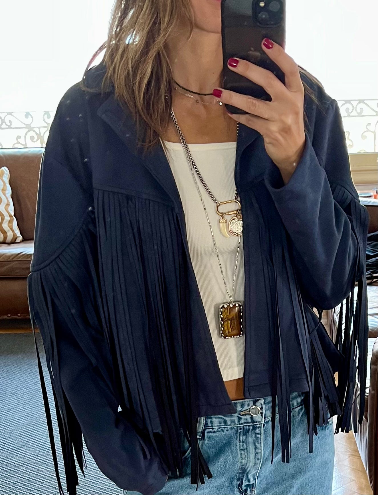 Navy Fringe Suede Jacket