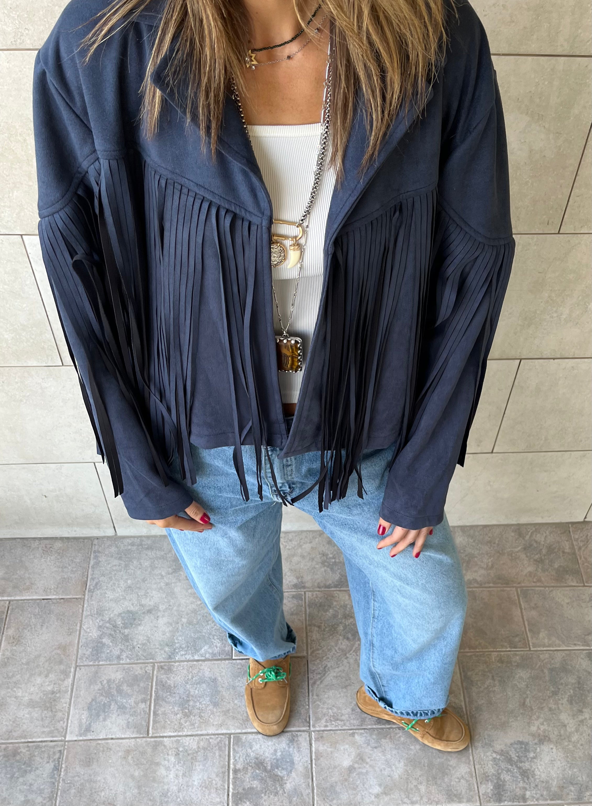 Navy Fringe Suede Jacket