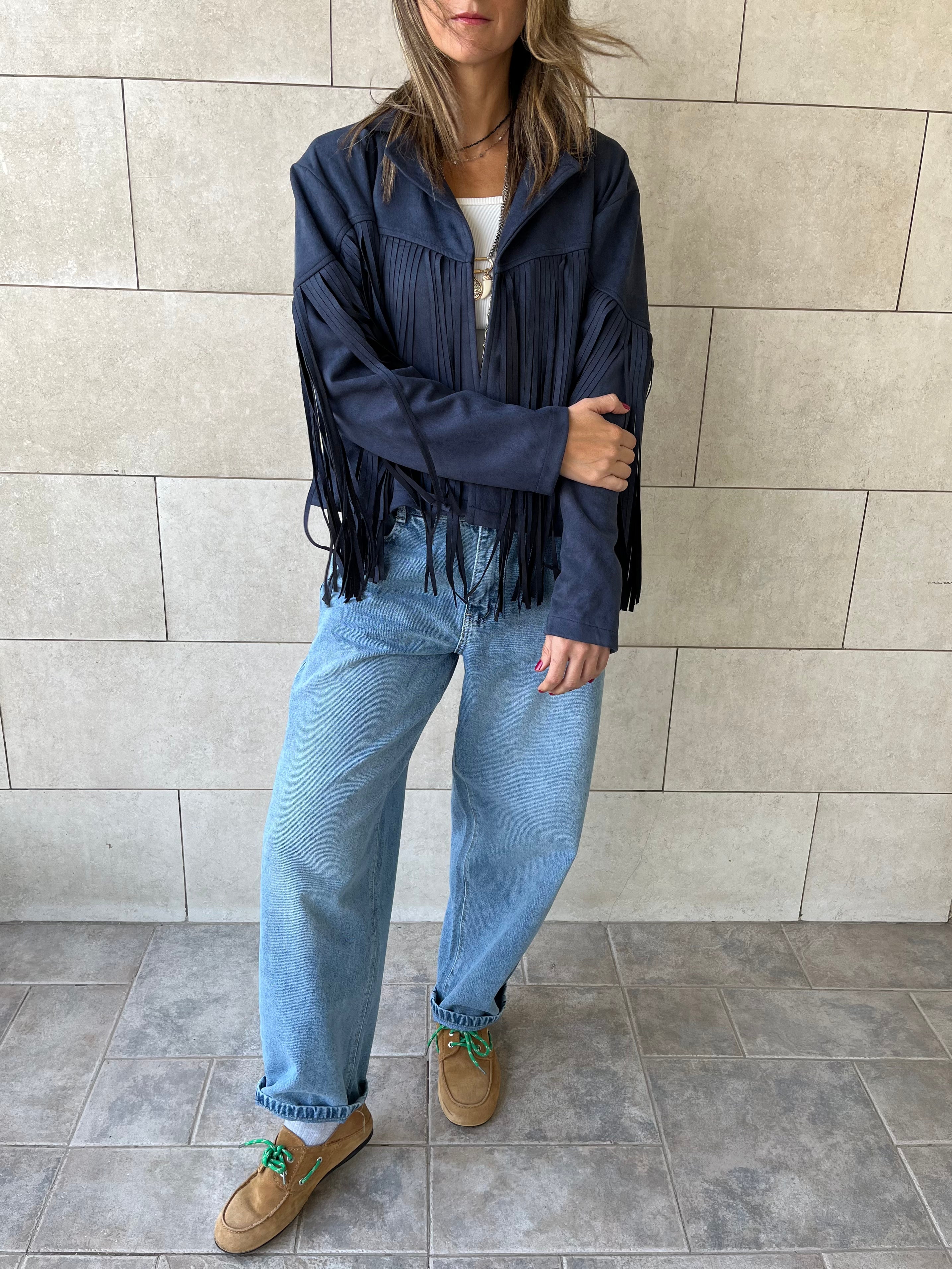 Navy Fringe Suede Jacket