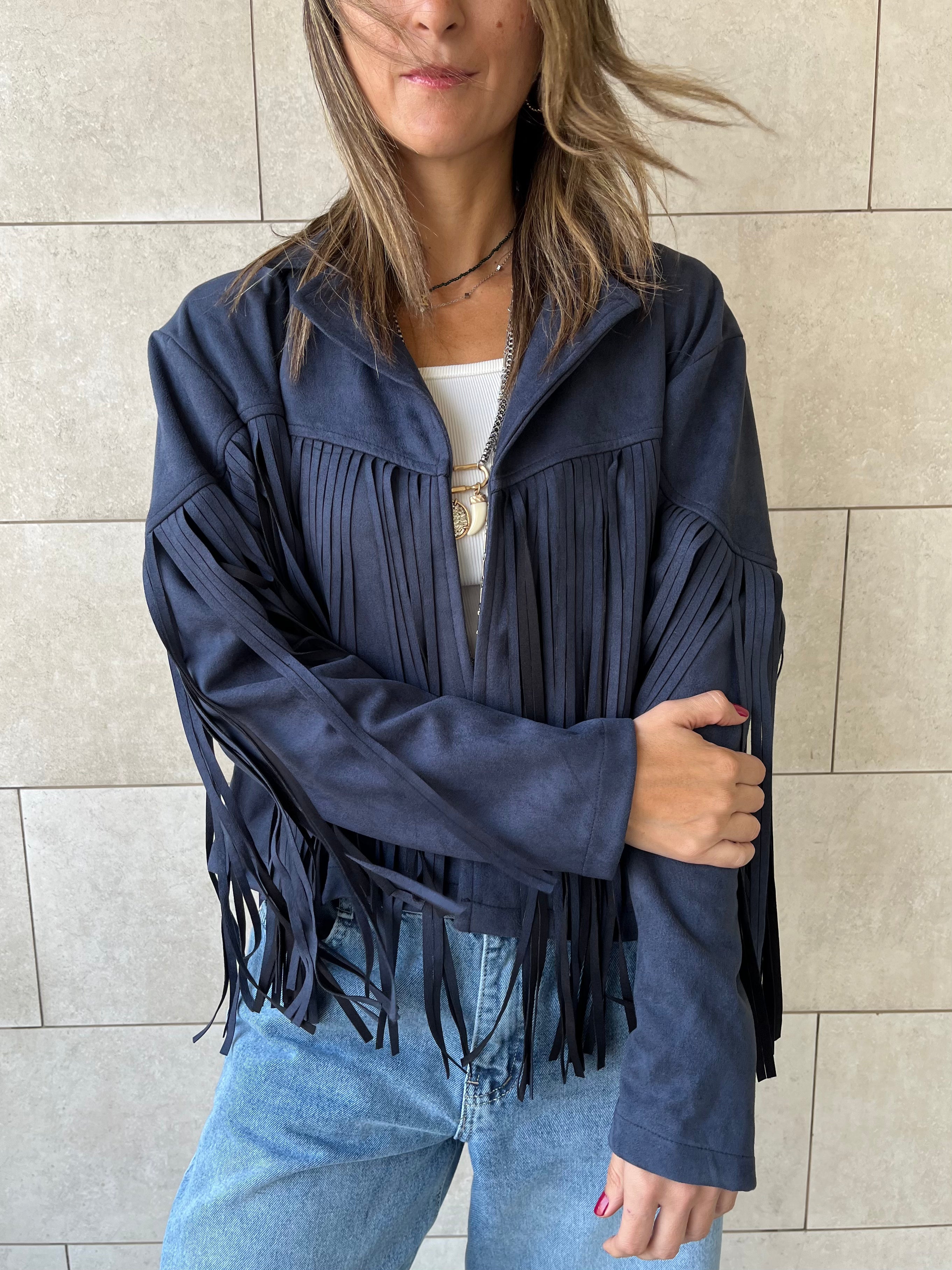 Navy Fringe Suede Jacket