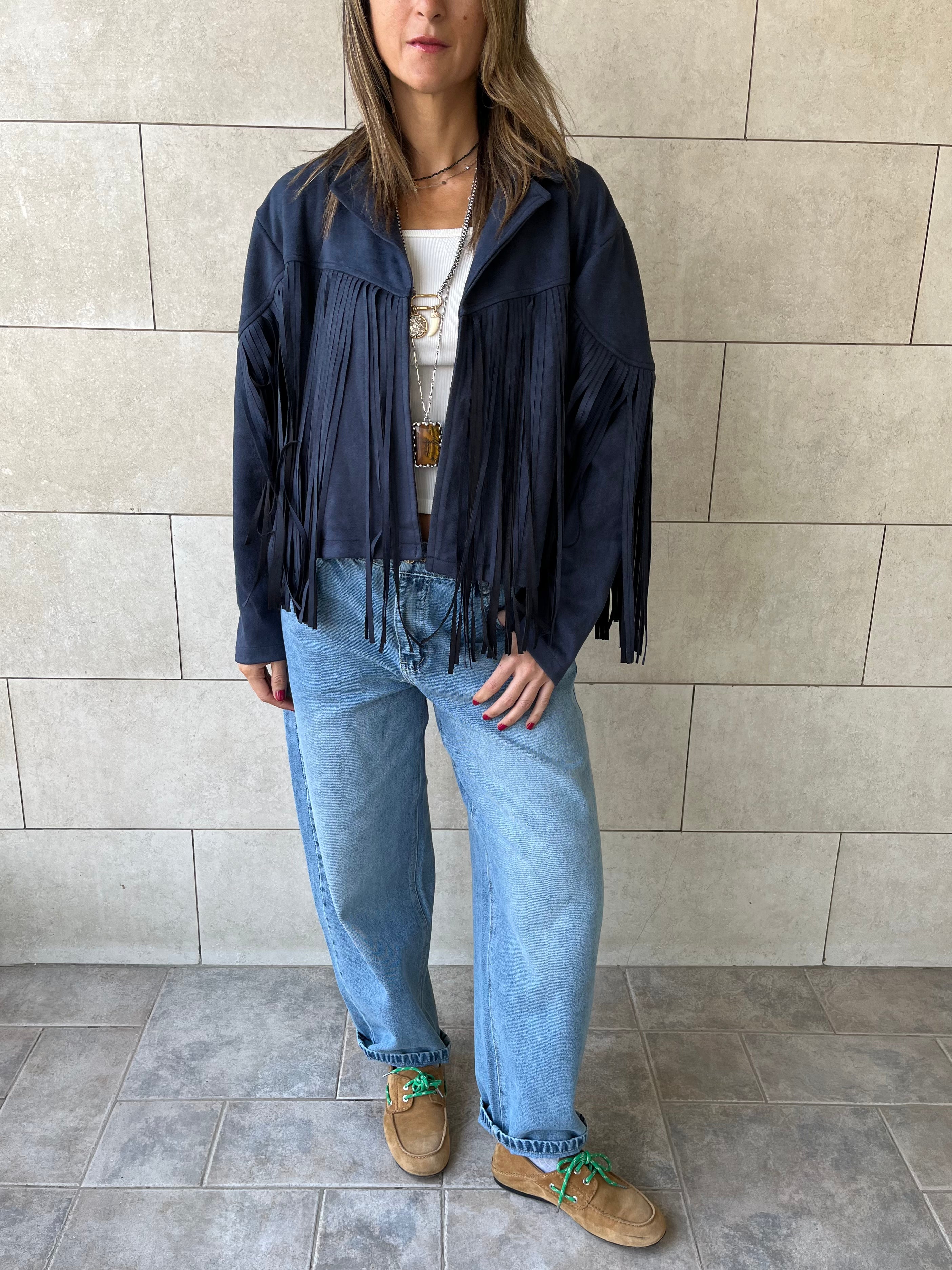 Navy Fringe Suede Jacket