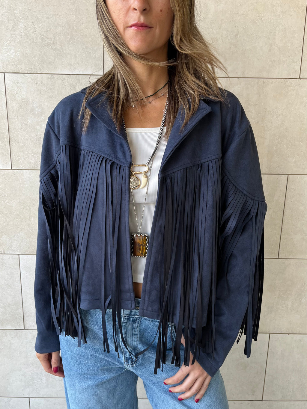 Navy Fringe Suede Jacket