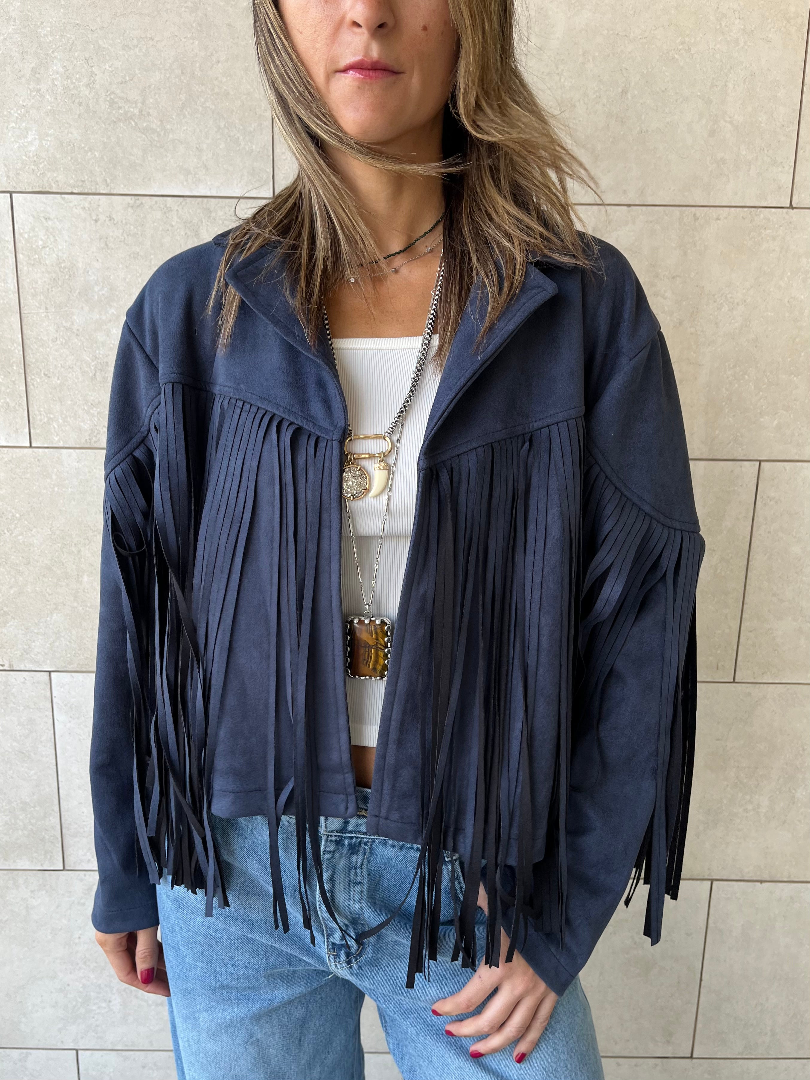 Navy Fringe Suede Jacket