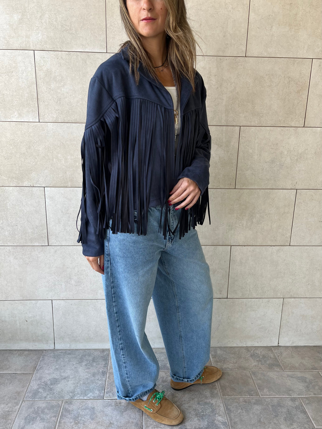 Navy Fringe Suede Jacket