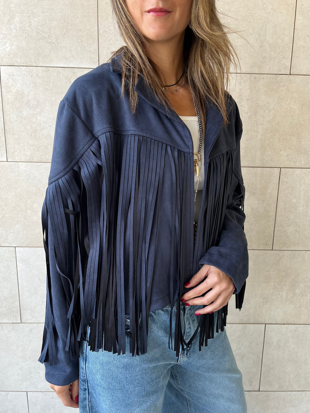 Navy Fringe Suede Jacket