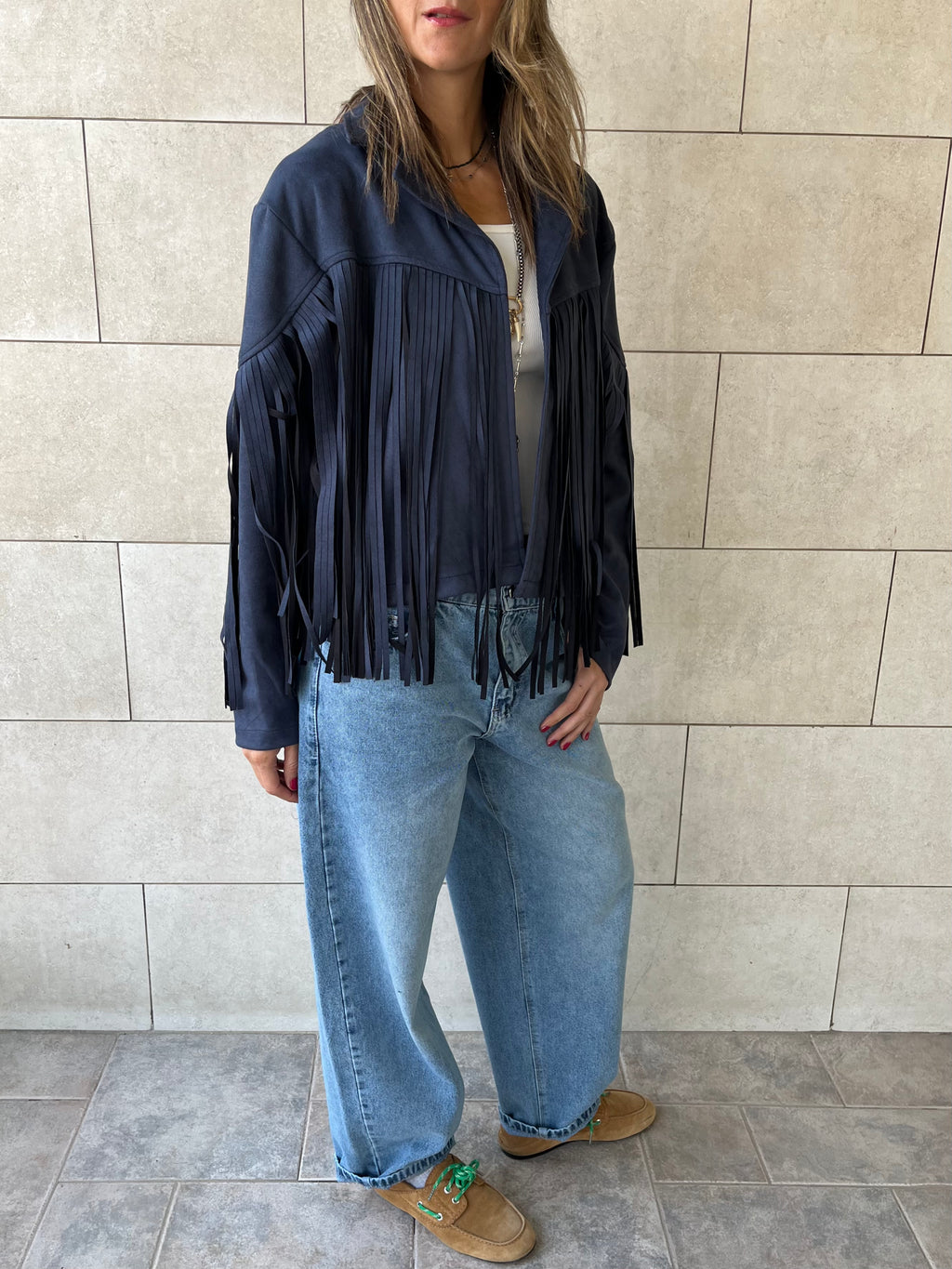 Navy Fringe Suede Jacket