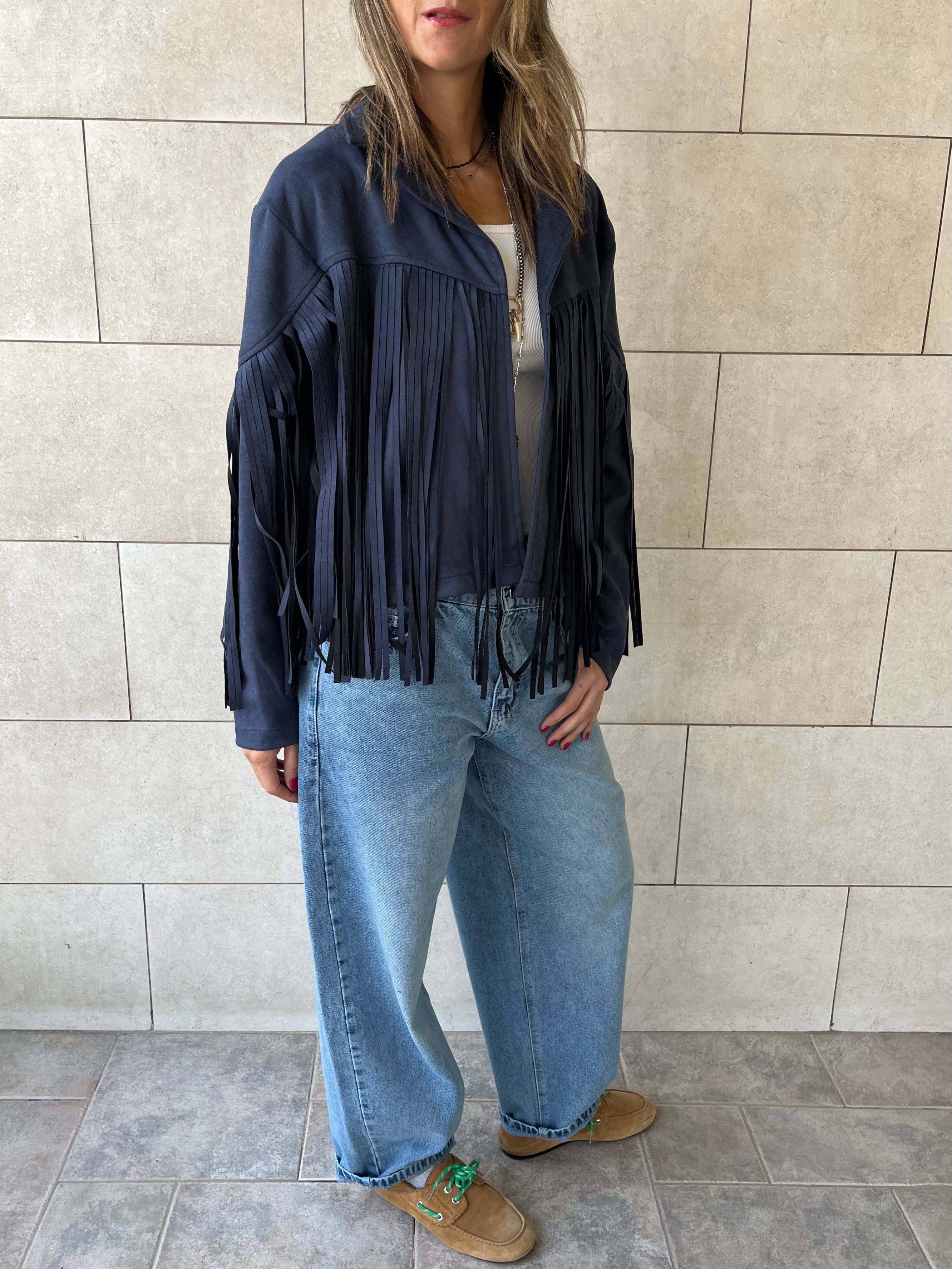 Navy Fringe Suede Jacket