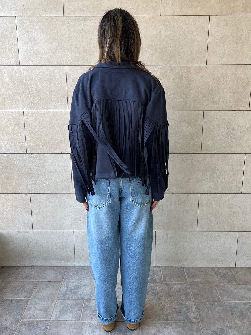 Navy Fringe Suede Jacket