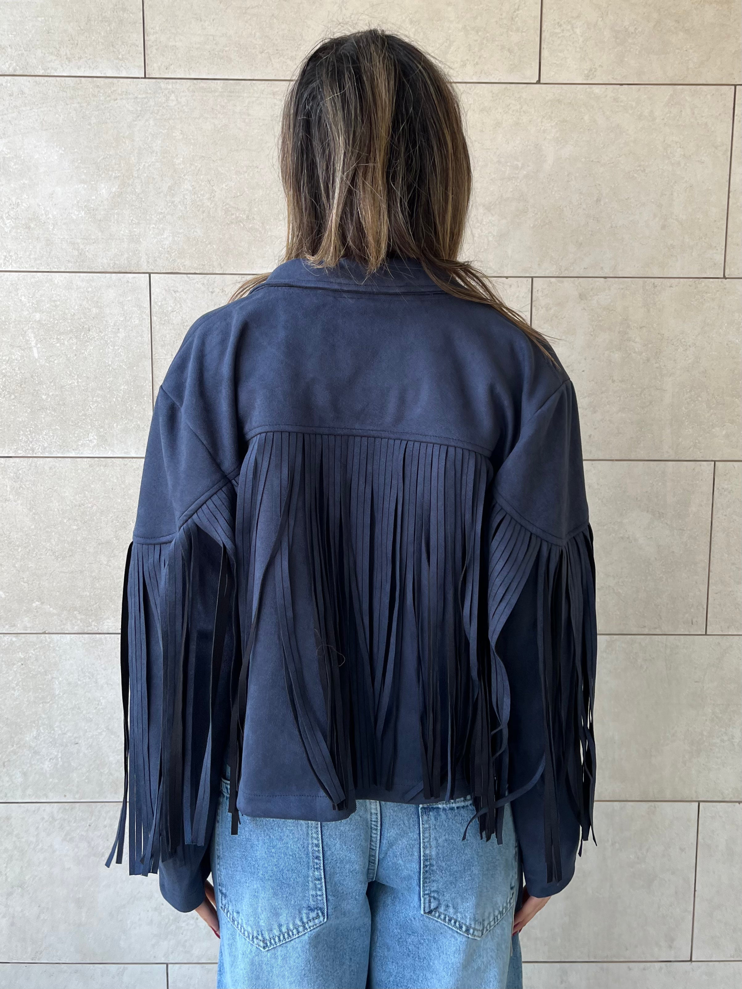 Navy Fringe Suede Jacket