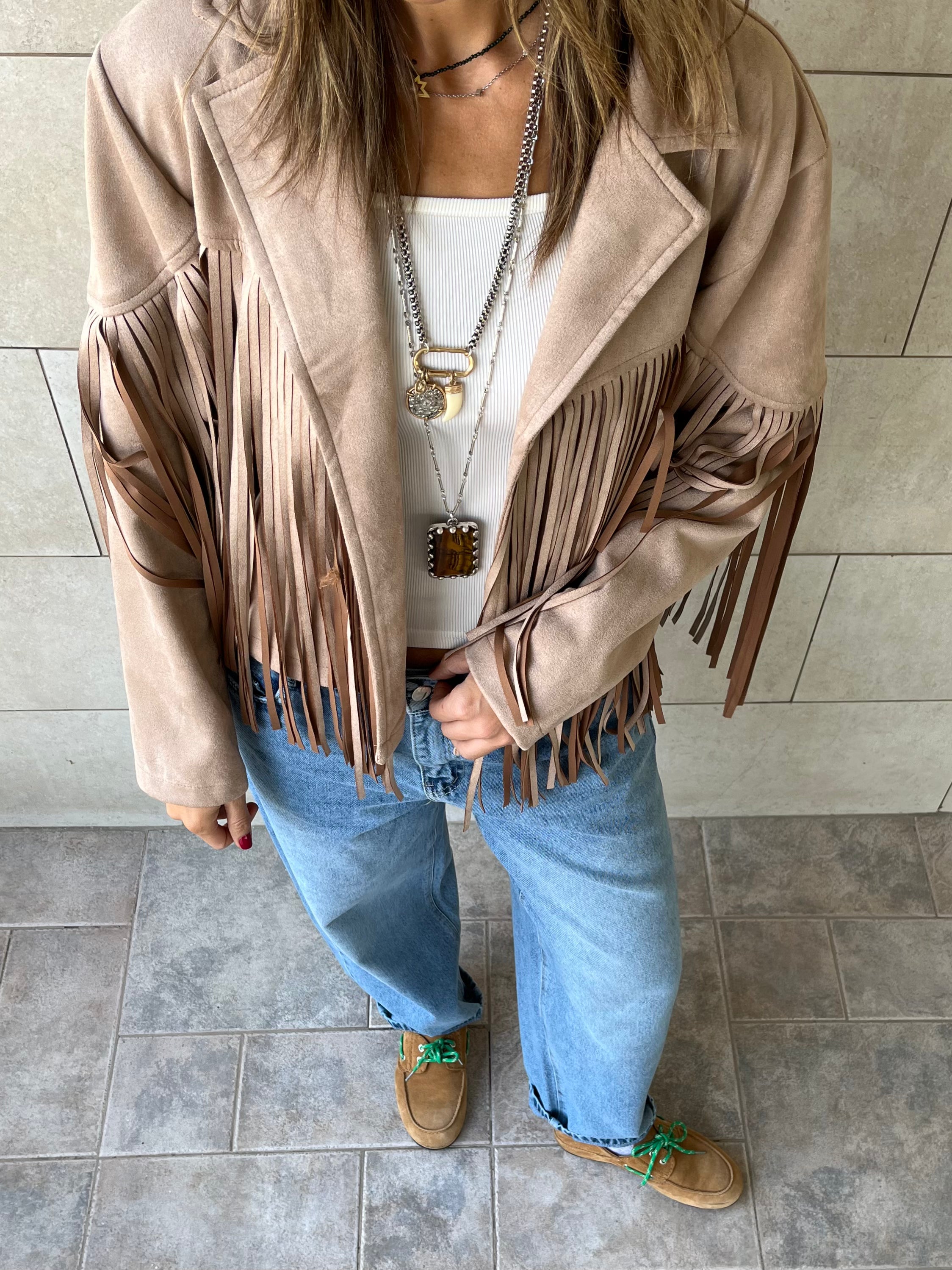 Beige Fringe Suede Jacket