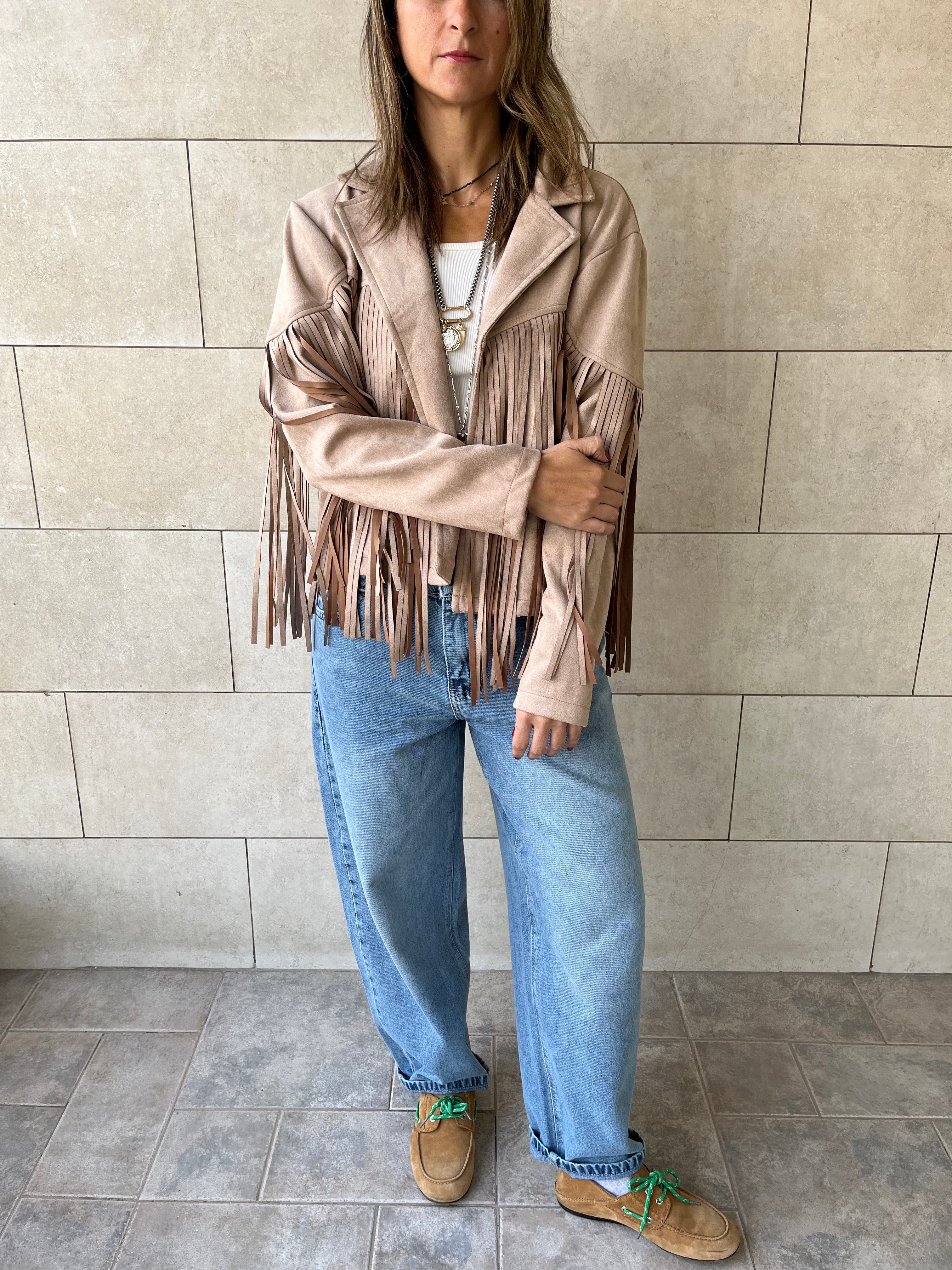 Beige Fringe Suede Jacket