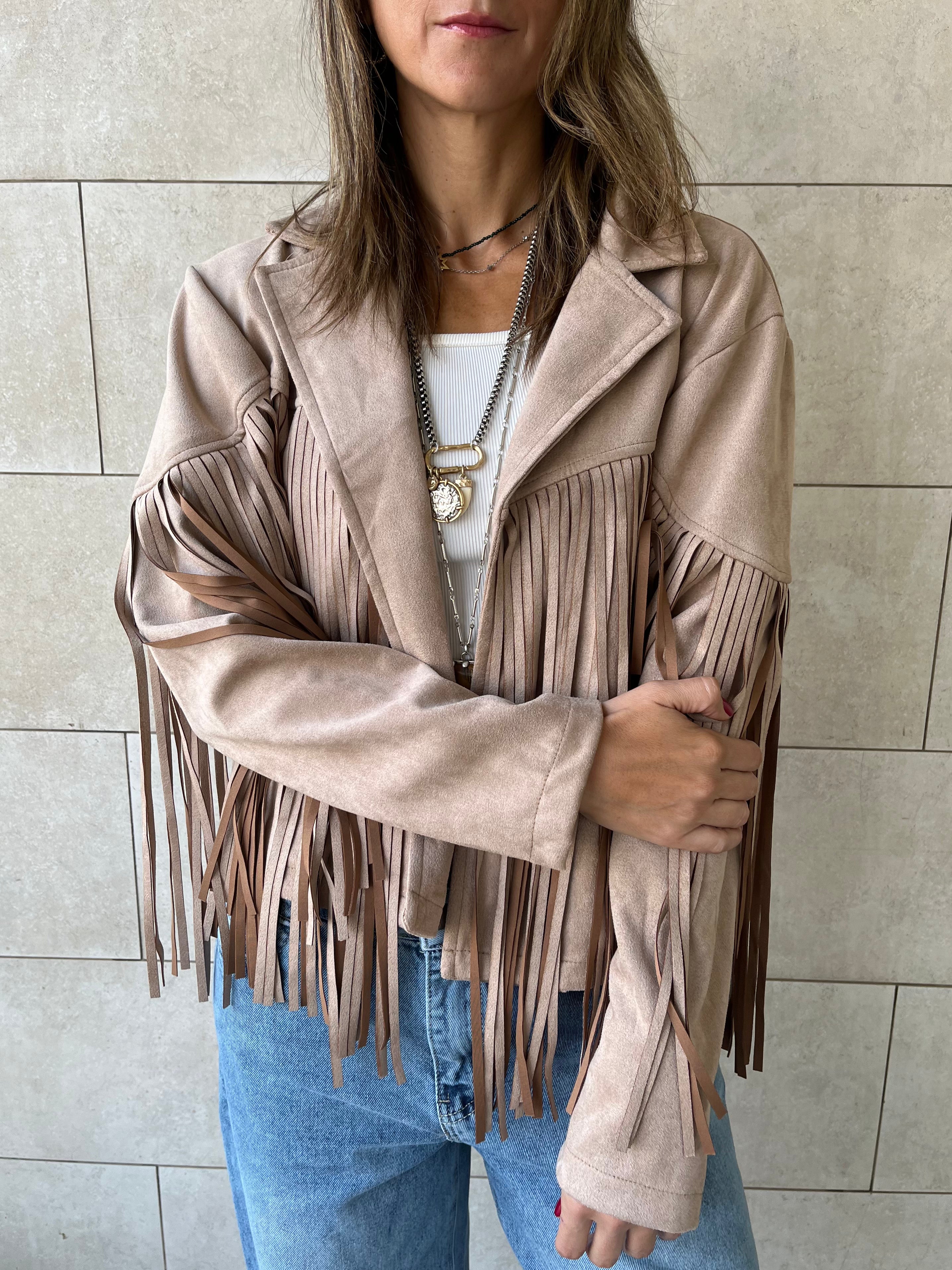 Beige Fringe Suede Jacket